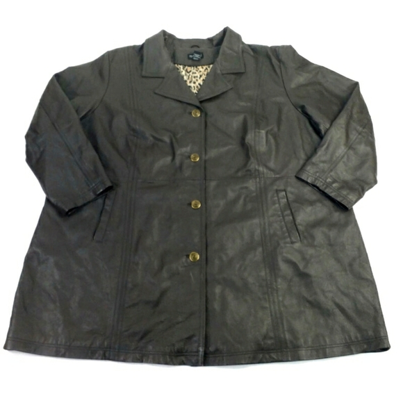 Maggie Barnes Brown Genuine Leather Button Front Long Sleeve Coat Womens Plus 4X - Picture 9 of 15
